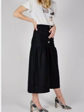 RITA ROW- Wool Elegant Black Button-Front Midi Skirt